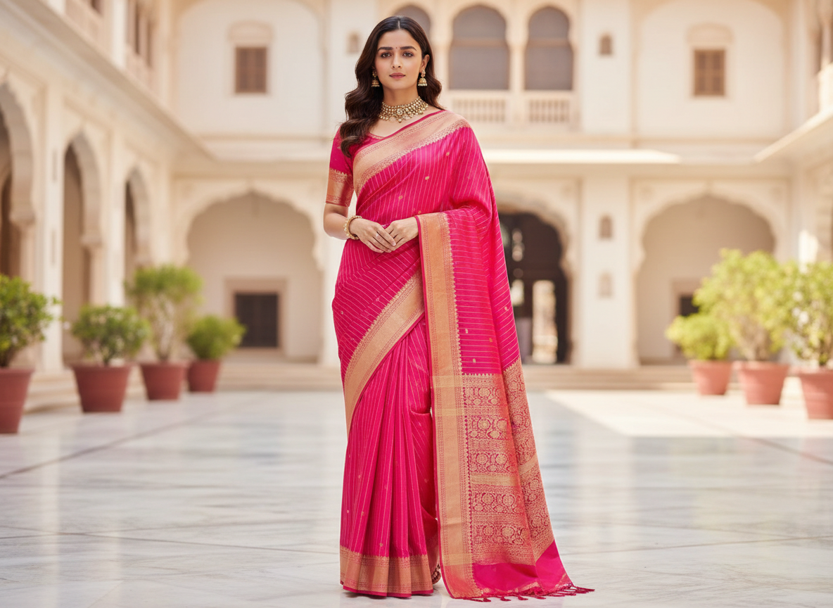 Hot pink Banarasi silk saree with gold zari border and diagonal stripe pattern