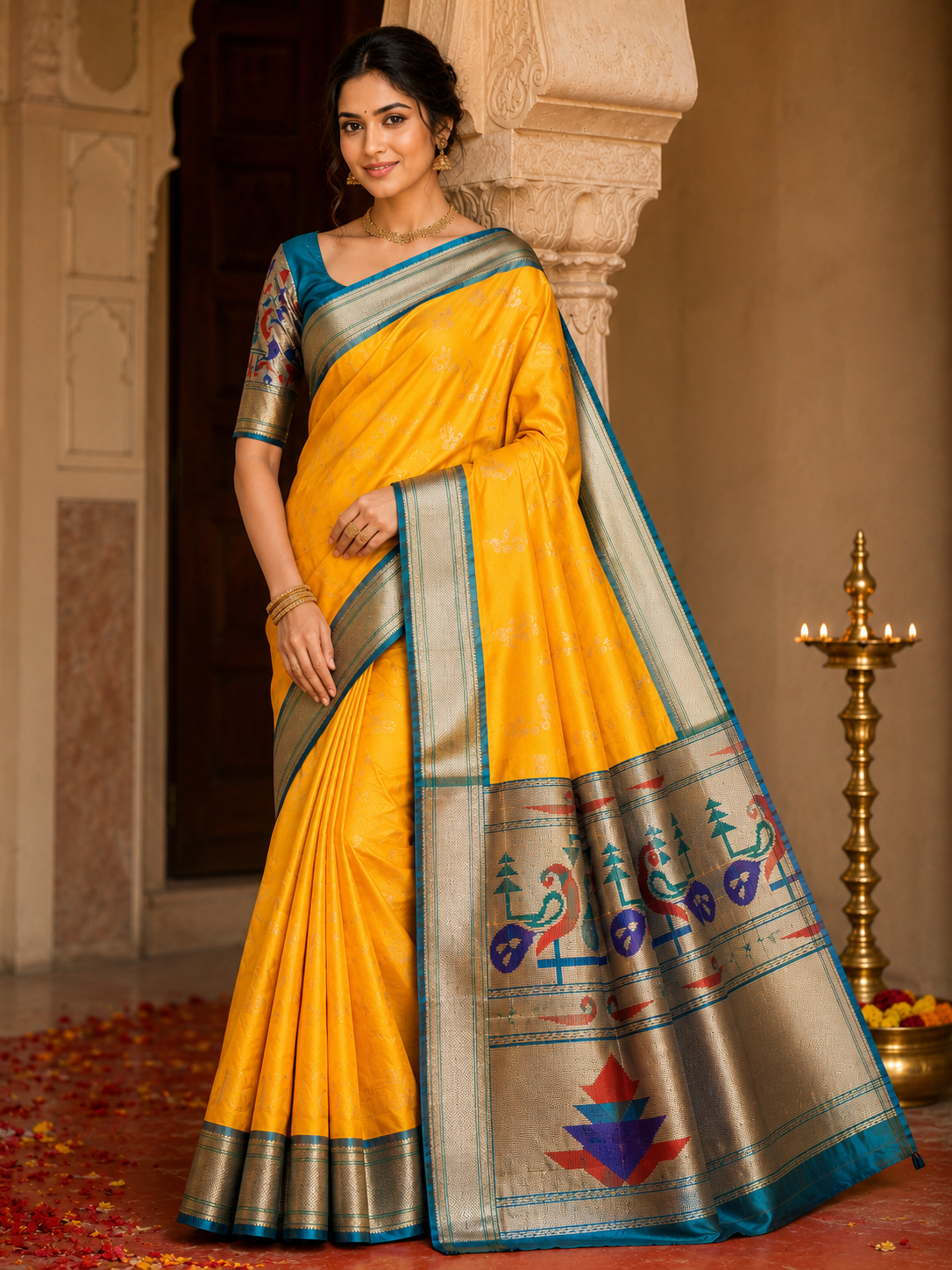 Yellow Paithani silk saree with peacock motif and teal border