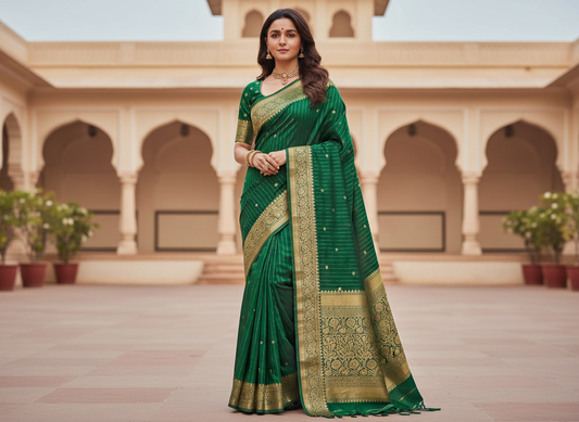 Emerald green Banarasi silk saree with gold zari border and diagonal stripe pattern